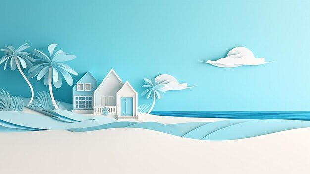 Abstract house or hotel on sea coast paper cut beach