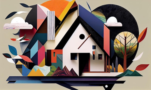 Abstract house trendy paper collage design generative AI