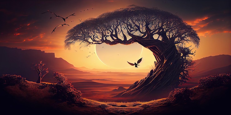 Photo abstract of huge tree with fantasy background in deepest forest in red night
