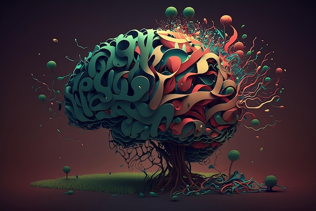 Abstract human brain in form of tree with branches of colored positive thoughts Ai generative