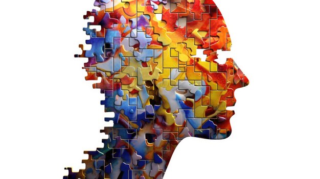 Foto testa umana astratta fatta di puzzle psicologia cerebrale nevrosi compulsiva generative ai image weber