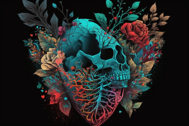 花と頭蓋骨を持つ抽象的な人間の心