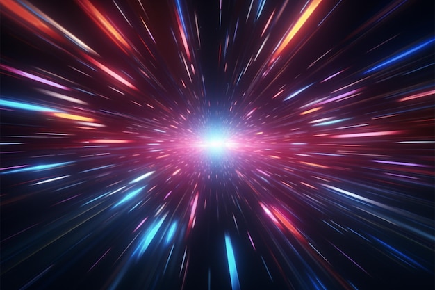 Abstract hyper warp neon flight in a retro futuristic space tunnel