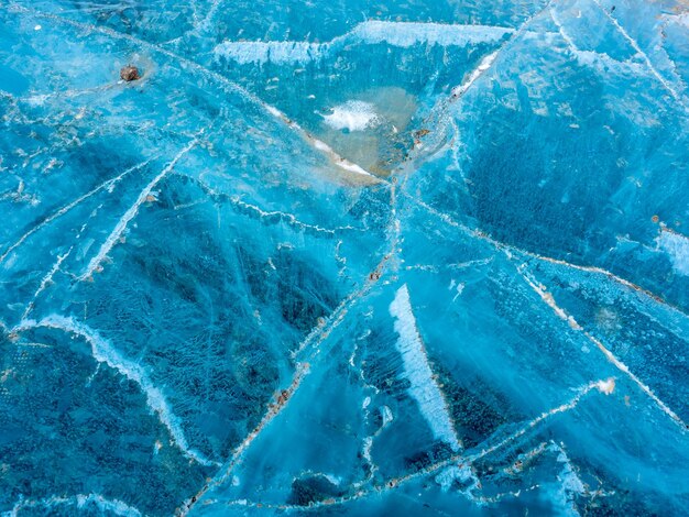 Abstract ice pattern on lake at Kerid crater old quiet volcano in Iceland in winter season