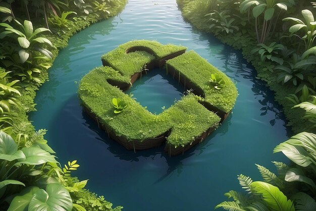 Foto icona astratta che rappresenta l'appello ecologico al riciclaggio e al riutilizzo sotto forma di uno stagno con un simbolo di riciclaglio al centro di una bellissima giungla intatta rendering 3d
