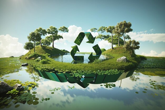 Abstract icon representing the ecological call to recycle and reuse in the form of a pond with a recycling symbol in the middle of a beautiful untouched jungle 3d rendering