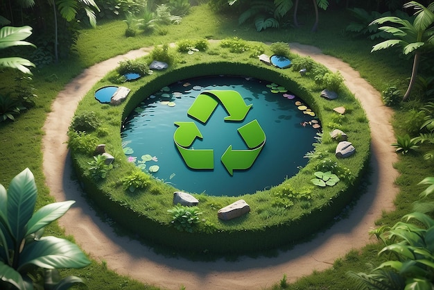 Abstract icon representing the ecological call to recycle and reuse in the form of a pond with a recycling symbol in the middle of a beautiful untouched jungle 3d rendering