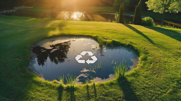 Фото Абстрактная икона, означающая экологический императив переработки и повторного использования, иллюстрированная как пруд с символом переработки среди нетронутого пейзажа джунглей