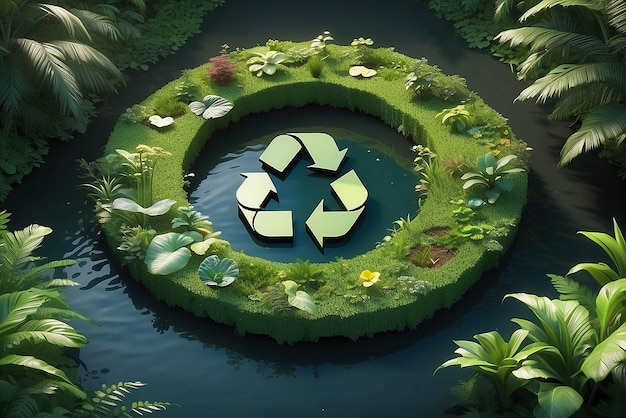 Abstract icoon dat de ecologische oproep tot recycling en hergebruik vertegenwoordigt in de vorm van een vijver met een recyclingsymbool in het midden van een prachtige ongerepte jungle 3D-weergave