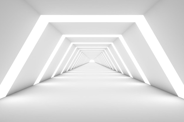 Abstract illuminated empty white corridor interior