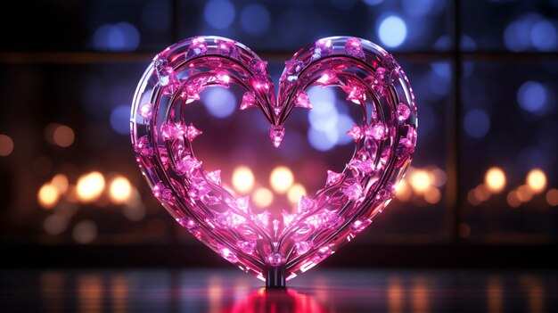 Abstract illuminated with neon light love heart sign closeup view