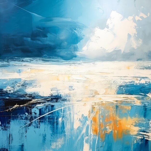 Abstract illustratielandschap met oceaan bewolkte hemel schilderij wervelende draaikolk van kleuren en vormen
