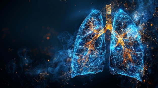 An abstract illustration of an abstract illustration of lungs Polygonal wireframe composition representing treatment of lung diseases Particles are connected in a geometric silhouette