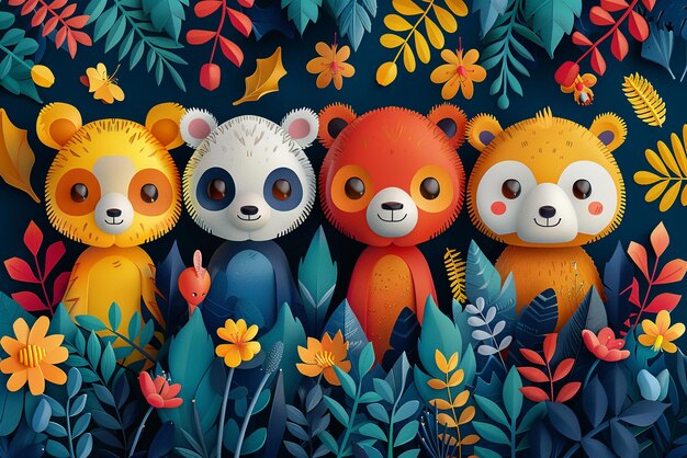 Abstract illustration of animals coming together in colorful forest