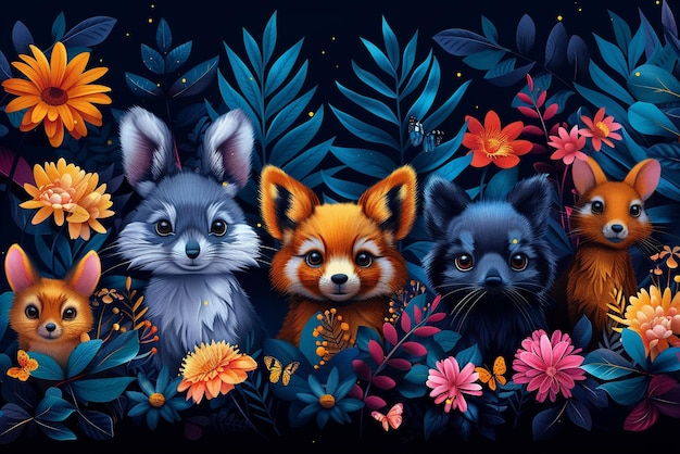 Abstract illustration of animals coming together in colorful forest