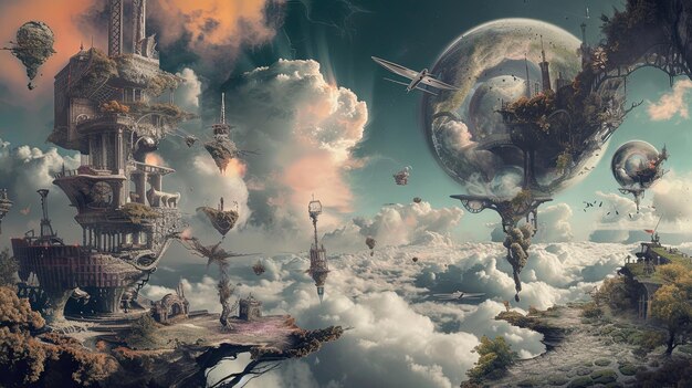 別の世界の抽象的なイラスト 雲の上に浮かぶ島々を描いた超現実的な童話の現実 宇宙の雲平行宇宙エイリアン文明の概念 AIによって生成された