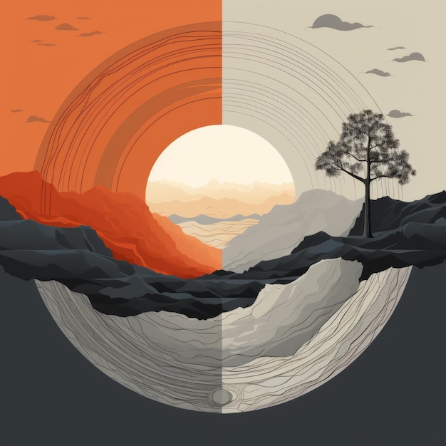 Abstract Illustration Of Canyon With Isolated Tree Ring