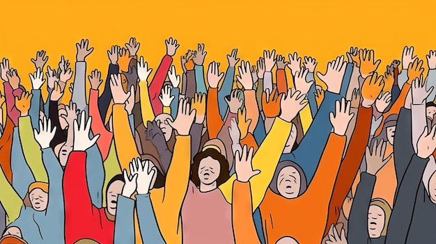 Abstract of illustration cheerful crowd cheering hands up group of people illustration