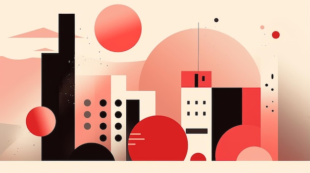 an abstract illustration of a city with red and black shapes