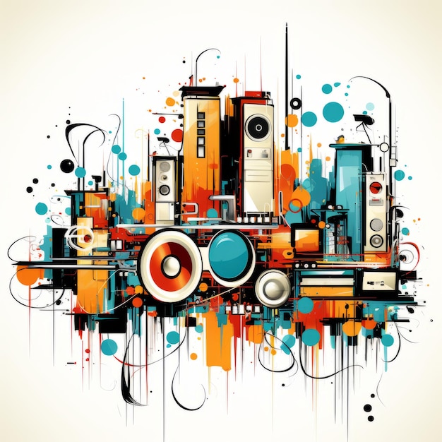 an abstract illustration of a city with speakers and other objects