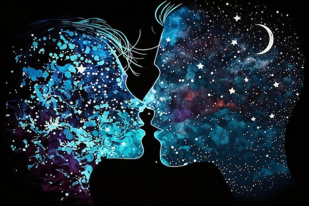 Abstract illustration of a couple in love kissing on a dark background with space stars and the moo