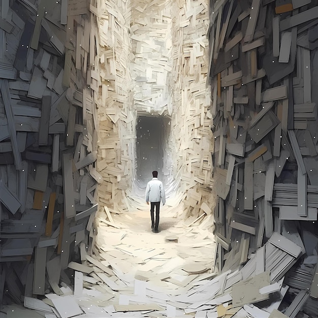 Абстрактная иллюстрация, изображающая человека, окруженного бумагой и книгами