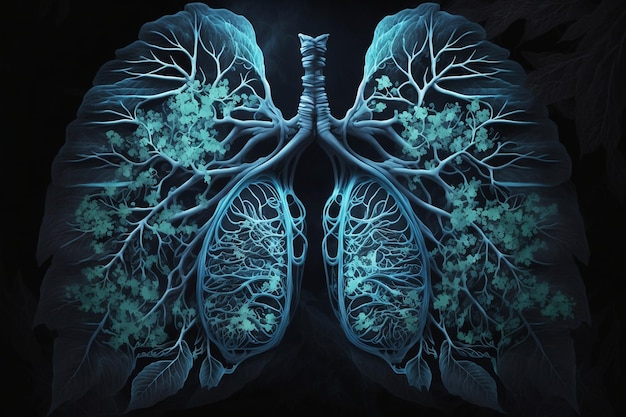 검은 배경에 식물이 있는 인간 폐의 추상 그림