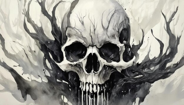 Abstract illustration on human skull black and white paint