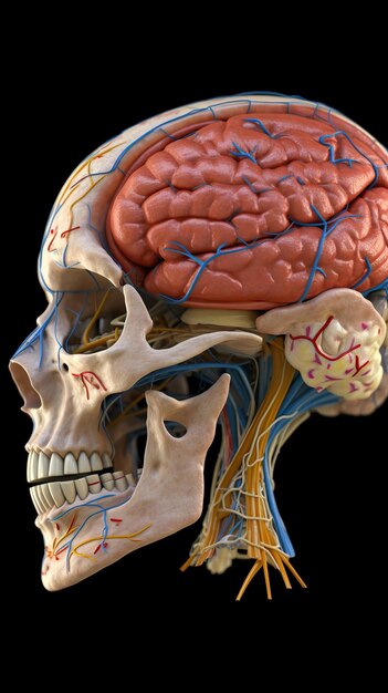 Foto illustrazione astratta dell'anatomia cerebrale ingrandita in un modello multicolore sfondo bianco foto hd