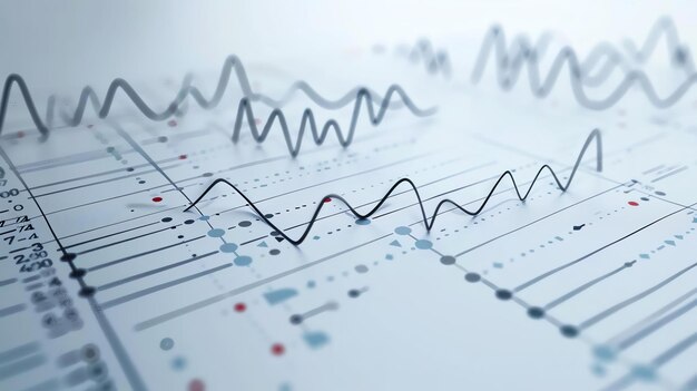写真 青い背景の金融チャートの抽象的なイラスト 図表はいくつかのピークと谷を持つ線形グラフを示しています