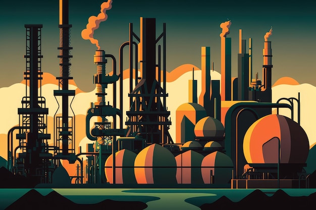 Abstract Illustration of a Petrochemical Refinery with Distillation Towers