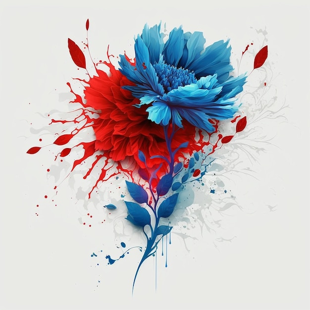 Abstract illustration of red and blue flowers and splashes on a white background unusual floral