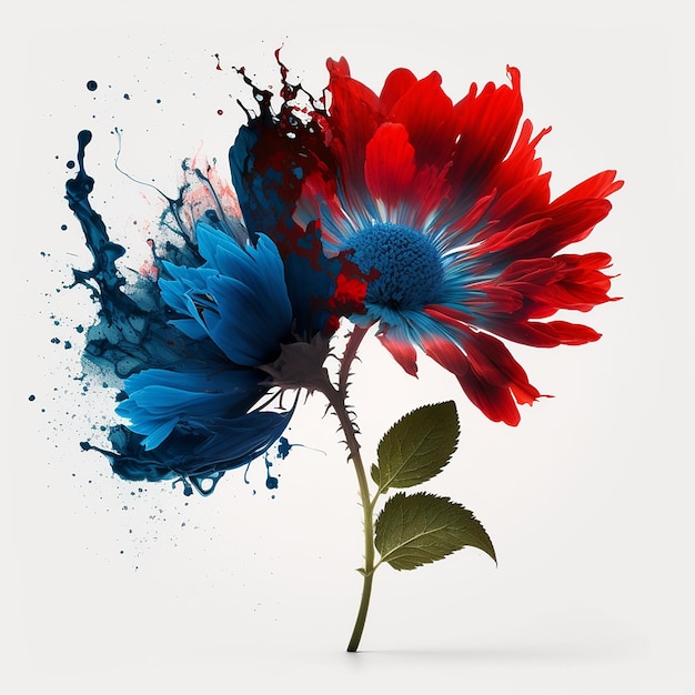 Abstract illustration of red and blue flowers and splashes on a white background unusual floral