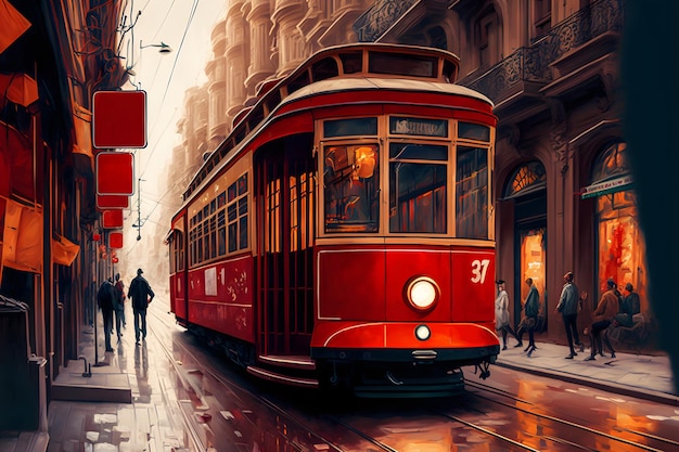 Abstract illustration of red tram on famous Istiklal street in Istambul