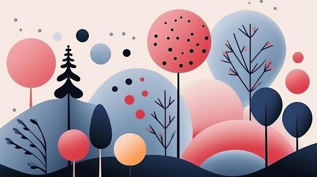 an abstract illustration of trees and bushes