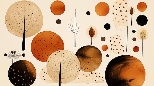 an abstract illustration of trees and leaves in orange brown and black