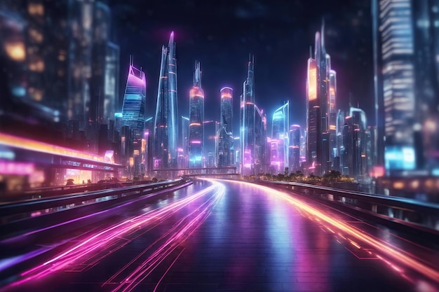 화려한 빛의 산책로를 통해 현대 도시 시내로 가는 도시 고속도로의 추상 그림