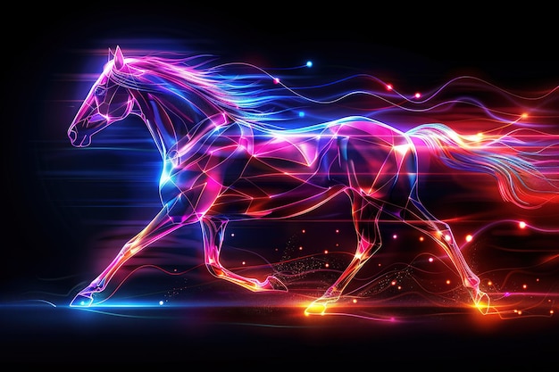 Foto illustrazione astratta movimento di cavallo selvatico in colori neon rosa viola arancione su sfondo scuro