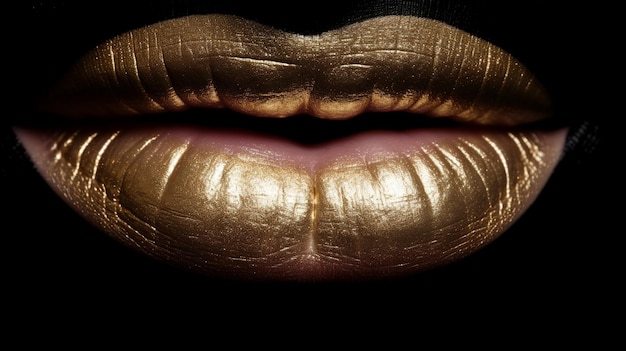 豪華な金色の唇と金色の背景にキスの準備ができている抽象的なイラスト グローの輝きと輝きを持つ光沢のあるセクシーなリップフ