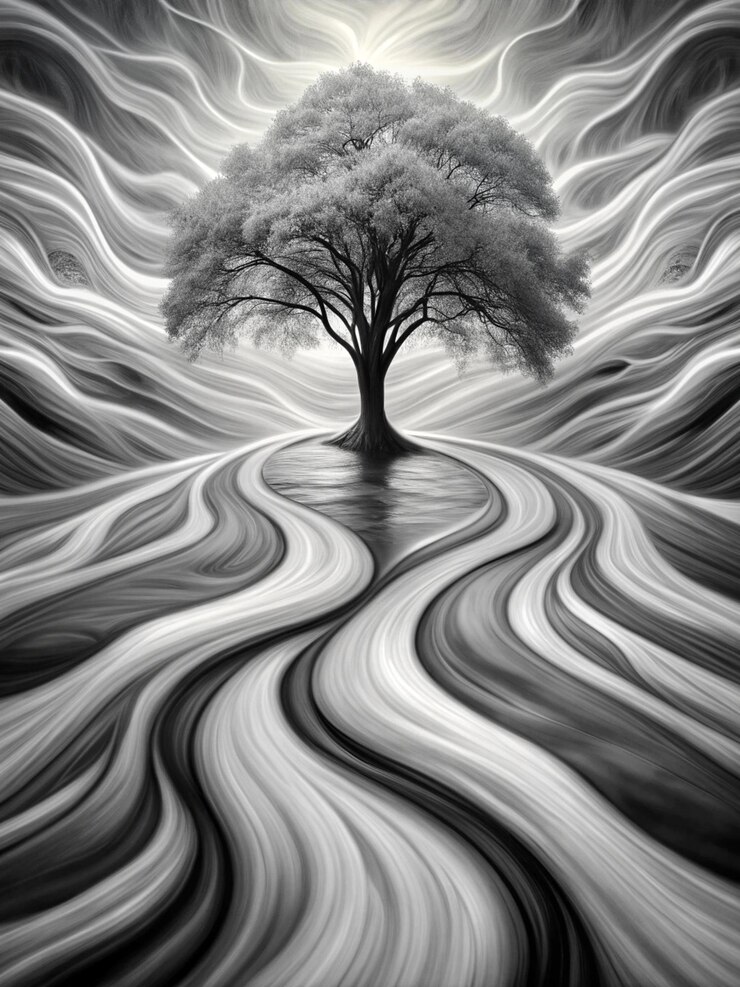 Photo abstract illustration with a tree and flowing graceful lines