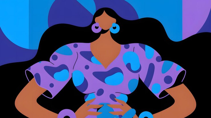 An abstract illustration of a woman with the colors blue and purple