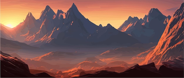 Abstract illustrations of a mountain landscape Sunrise and sunset in the mountains The concept of outdoors