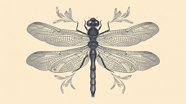 Abstract image of a black dragonfly on a beige background petals hand drawn style thin lines and shadows profile spread wings insect transparent close up Generative by AI