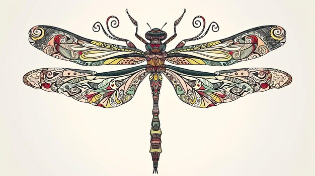 Abstract image of a black dragonfly on beige background stained glass design petals hand drawn style thin lines shadows profile spread wings insect transparent close up Generative by AI