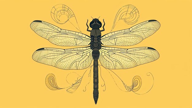 Abstract image of a black dragonfly on a yellow background hand drawn style thin lines and shadows profile spread wings insect transparent close up Generative by AI