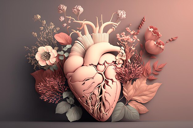 Абстрактное изображение румяного розового человеческого сердца с цветами