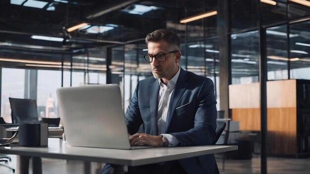 Abstract image of businessman using laptop computer in modern office