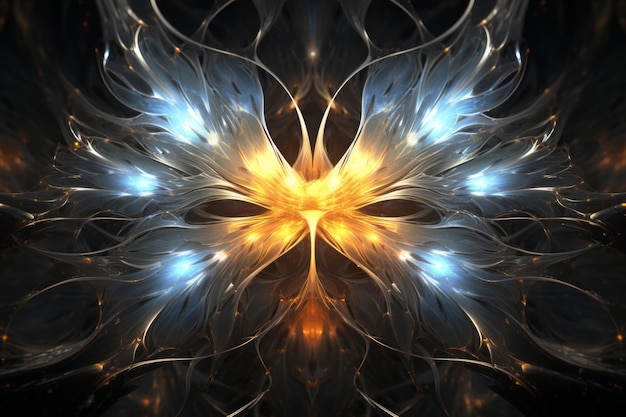 абстрактное изображение бабочки с синими и оранжевыми огнями