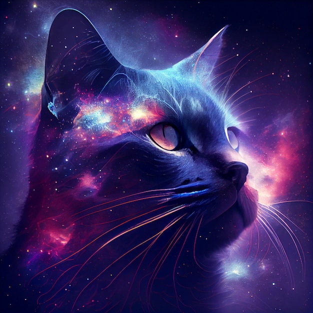 Abstract image of a cat in the night sky and space Galaxy planets and stars