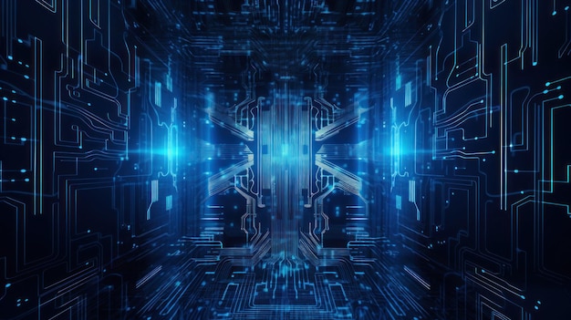 An abstract image of a circuit board with blue lights.